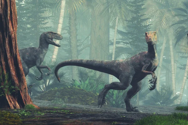 Ilustração mostra dois velociraptors caminhando na floresta - Metrópoles