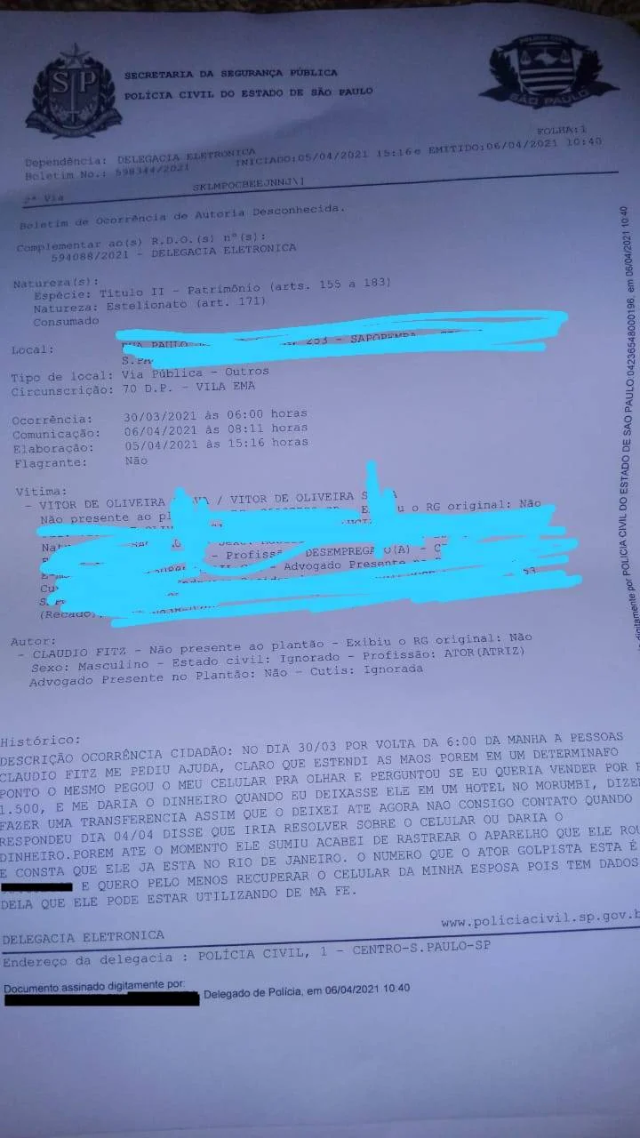 O BO registrado O BO registrado