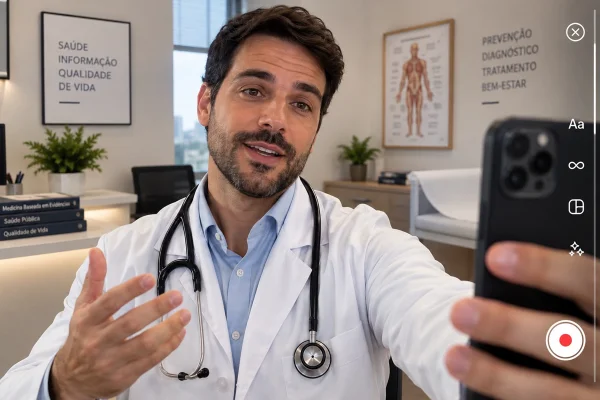 Imagem colorida feita com apoio de IA de médico simulando gravação apra redes sociais - Metrópoles.