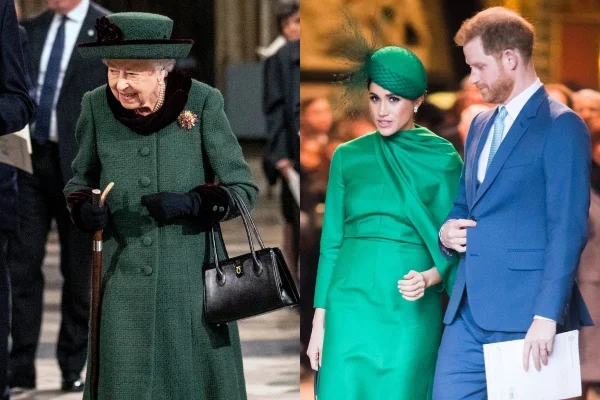 Foto colorida. Montagem de fotos da rainha Elizabeth, Meghan Markle e príncipe Harry