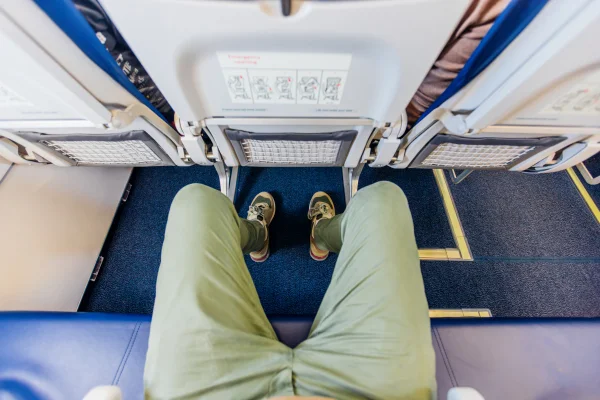 Foto de Passageiro sentado no assento do avião durante o voo, perspectiva pessoal