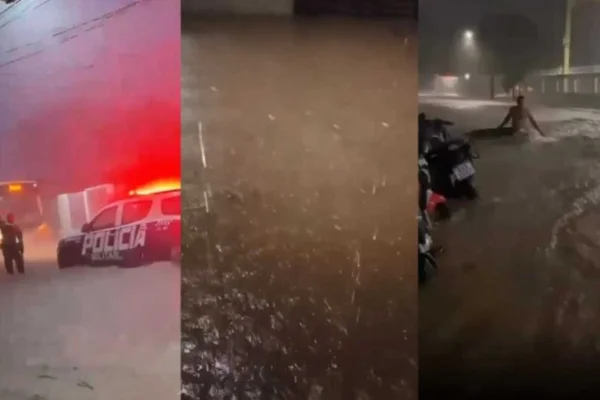 Imagem colorida, ruas alagam e carros ficam ilhados durante temporal em MS- Metrópoles