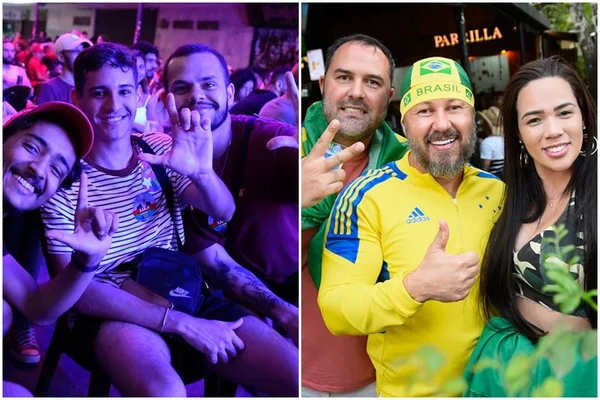 Apoiadores dos candidatos à Presidência, Lula e Bolsonaro, se reúnem em bares de Brasília para acompanhar a apuração dos votos. Jovens fazem o L com a mão enquanto outro trajam verde e amarelo - Metrópoles