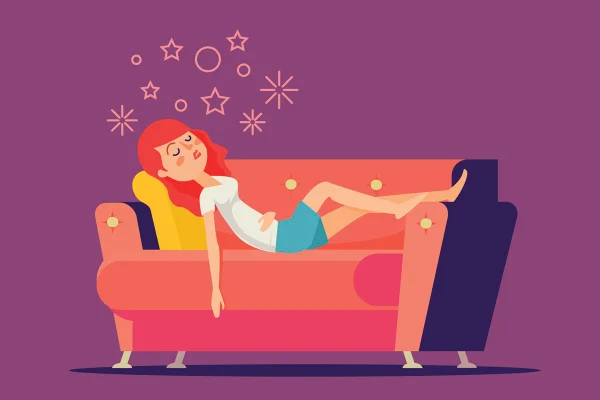 Ilustração mostra mulher ruiva dormindo em sofá vermelho - Metrópoles
