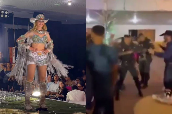 montagem com foto de mulher desfilando e foto embaçada de confusão entre civis e policiais - metrópoles