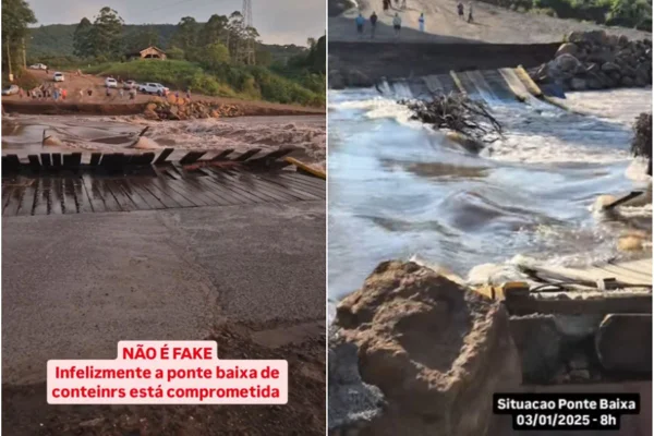 Imagens coloridas de vídeos do prefeito de Feliz, no Rio Grande do Sul (RS), de Ponte Baixa caída após chuvas - Metrópoles