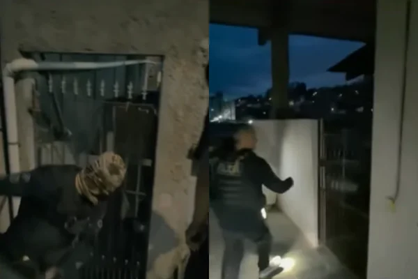 Colagem colorida de policiais cumprindo mandado de prisão contra suspeitos de roubar casa de luxo - Metrópoles