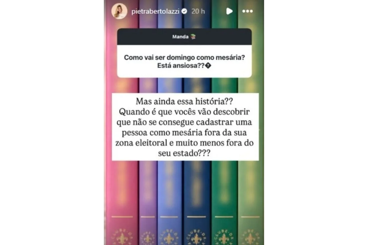 Pietra Bertolazzi respondeu ao boato de que teria sido cadastrada como mesária Pietra Bertolazzi respondeu ao boato de que teria sido cadastrada como mesária