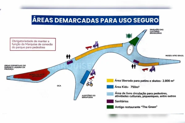 imagem colorida mostra desenho de áreas onde esportes poderão ser praticados