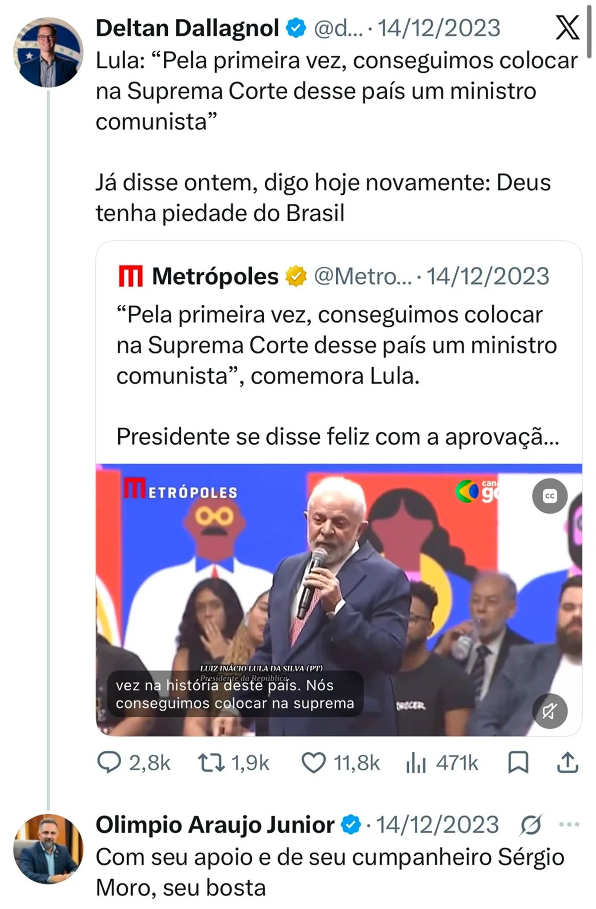 Olímpio Araújo critica o ex-deputado Deltan Dallagnol na redes sociais Olímpio Araújo critica o ex-deputado Deltan Dallagnol na redes sociais