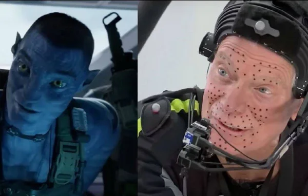 PErsonagem do filme avatar do lado direito feito com base no movimento do ator de avatar do lado esquerdo