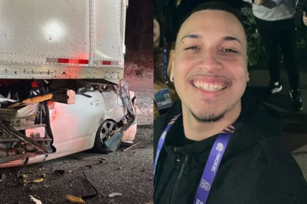 Montagem com foto colorida do carro do brasileiro após acidente e Lucca Sartori, de 22 anos - Metrópoles