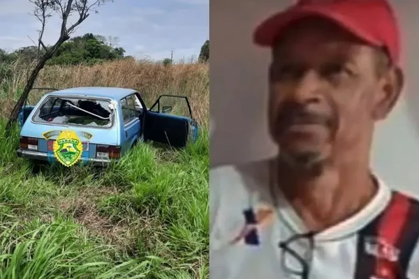 Duas fotos coloridas. Na primeira, carro batido em campo; na segunda, homem em foto desfocada - Metrópoles