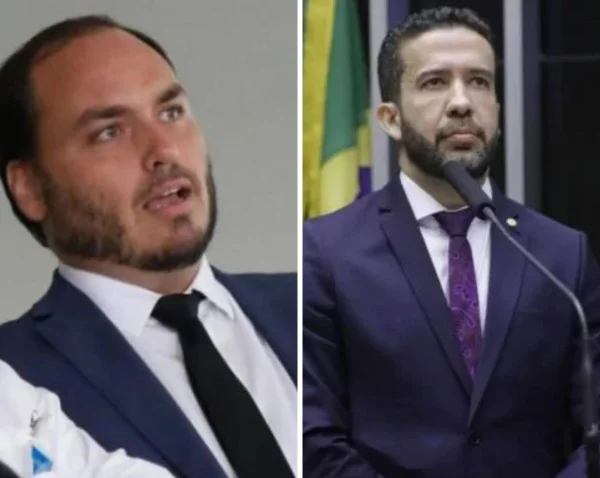 colagem com fotos coloridas de carlos bolsonaro e andré janones