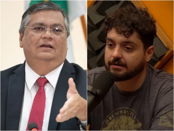 Imagem colorida mostra montagem com fotos de Flávio Dino e Monark