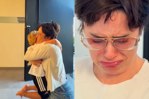 Montagem de imagens mostra a emoção de Fernanda Vasconcellos após surpresa do marido e do filho - Metrópoles