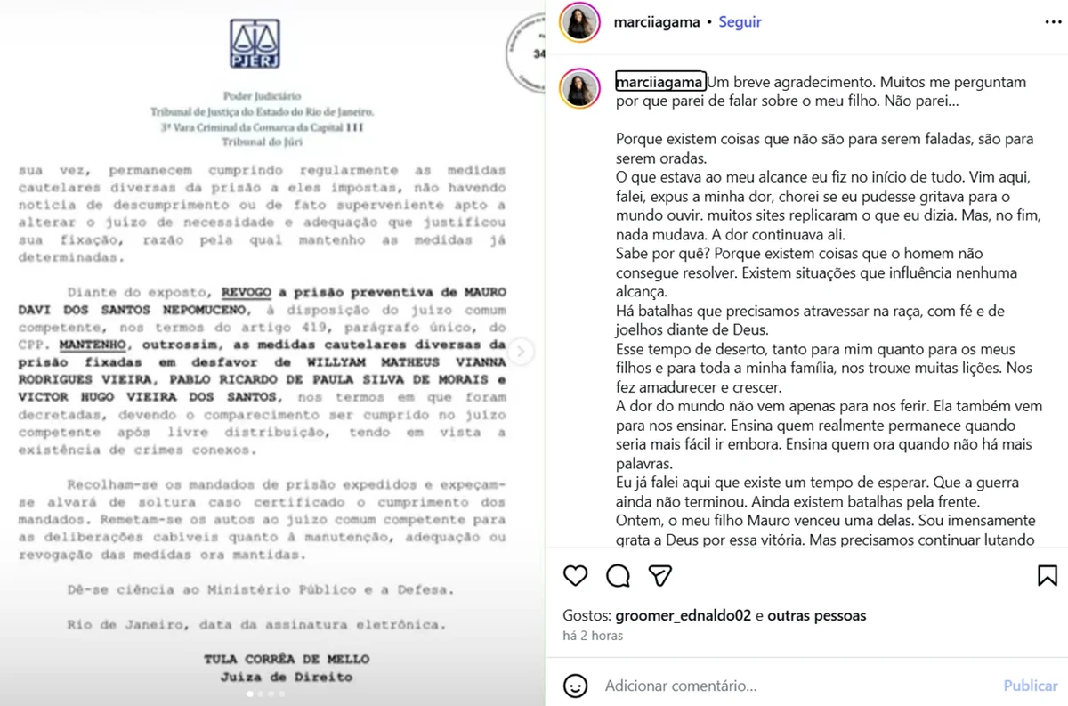Mãe diz que prisão preventiva de Oruam foi revogada pela Justiça - imagem 1 Mãe diz que prisão preventiva de Oruam foi revogada pela Justiça - imagem 1