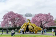 Além dos quadros, chama atenção no trabalho da japonesa as esculturas que convidam o público a interagir 
