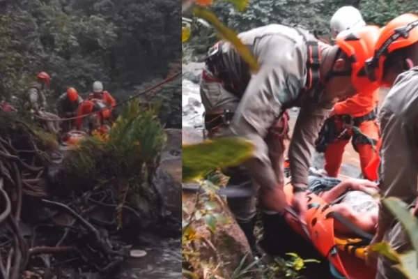 Jovem é resgatado por bombeiros após errar salto em cachoeira e ficar ferido