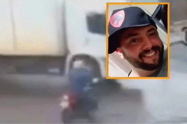 na foto embaçada é possível ver uma moto se aproximando de um caminhão e foto do rosto do motociclista