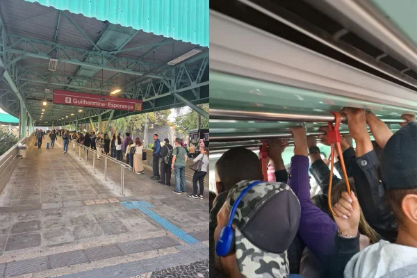 Montagem mostra duas fotos da Linha 3-Vemelha do metrô. Na esquerda, há uma fila de pessoas dentro de uma estação. Na direita, há pessoas apertadas dentro de um vagão - Metrópoles