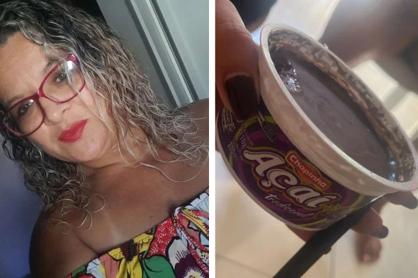 Montagem com foto colorida de Geisa de Cássia Tenório Silva, de 50 anos, e açaí supostamente envenenado - Metrópoles