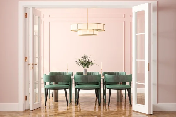 Foto colorida de uma sala de jantar