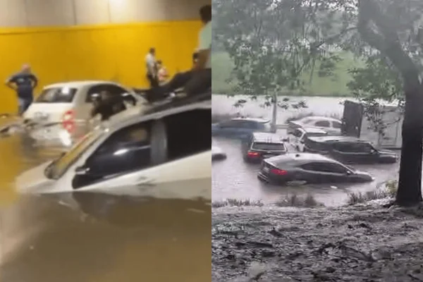 Colagem colorida de carros ilhados em alagamentos pela cidade de SP - Metrópoles