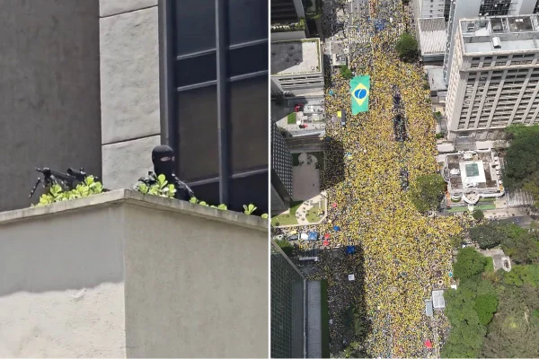 Imagem colorida mostra sniper da PM em manifestação de Flávio Bolsonaro. Metrópoles