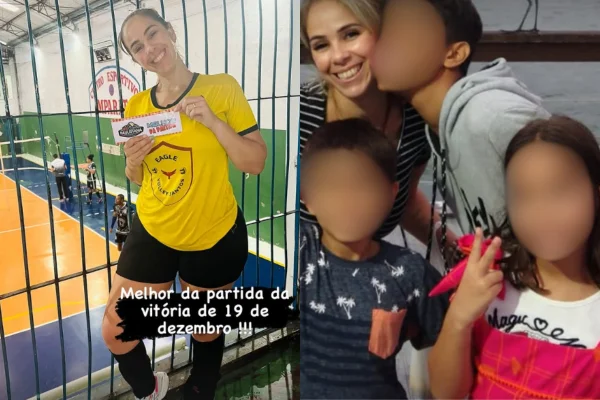 Imagem colorida de montagem de Amanda com troféu de jogadora de Vôlei e com os filhos. Metrópoles