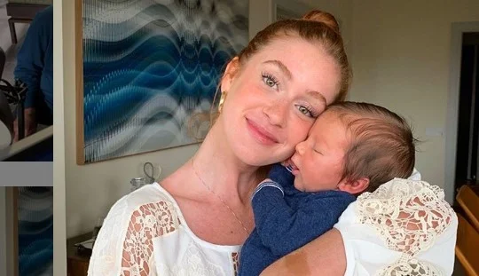 Marina Ruy Barbosa visita o afilhado, bebê da amiga Luma Costa