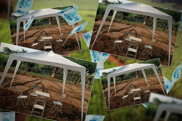 Fotomontagem colorida de tendas em canteiros de obras de estradas rurais - Metrópoles
