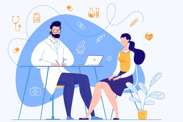 Ilustração mostra mulher sentada e homem atrás de uma mesa. Ao fundo, estão vários ícones da medicina, como estetoscópio - Metrópoles