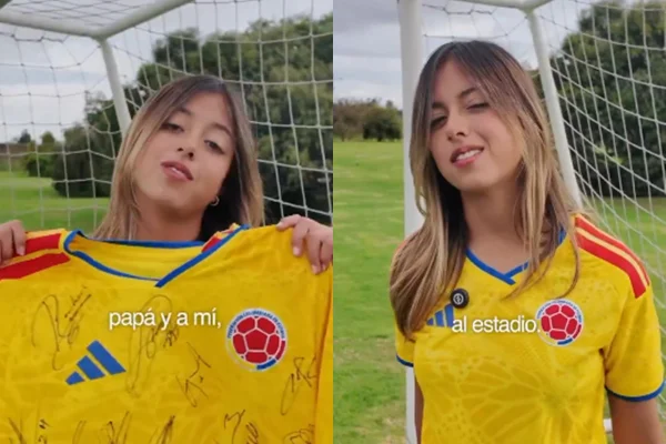 Antonella Petro, de 17 anos, filha do presidente da Colômbia, Gustavo Petro, vestida com a camisa da seleção da colômbia