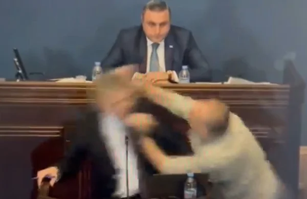 Imagem colorida de confusão entre deputados do Parlmamento da Geórgia - Metrópoles