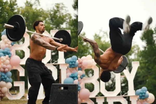 montagem colorida atleta surpreende com salto mortal e barra para revelar sexo do filho