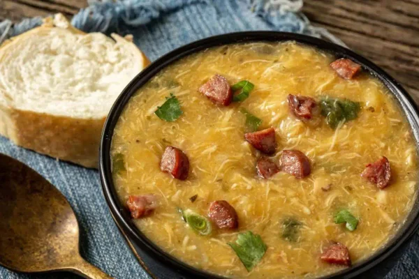 caldo servido em bowl com colher e fatia de pão ao lado