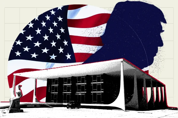 Imagem colorida de predio do STF com bandeira dos EUA ao fundo e sombra de Trump - Metrópoles