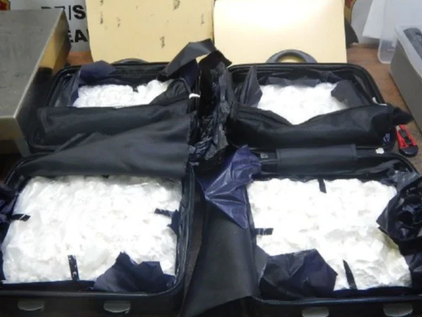 Foto colorida mostra malas com cocaína apreendidas pela pF