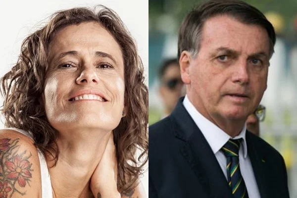 Zélia Duncan e Bolsonaro em montagem, como fotos lado a lado. Ela é branca e tem cabelo cacheado longo, com tatuagem no ombro. Ele é branco, cabelo castanho e usa terno - Metrópoles