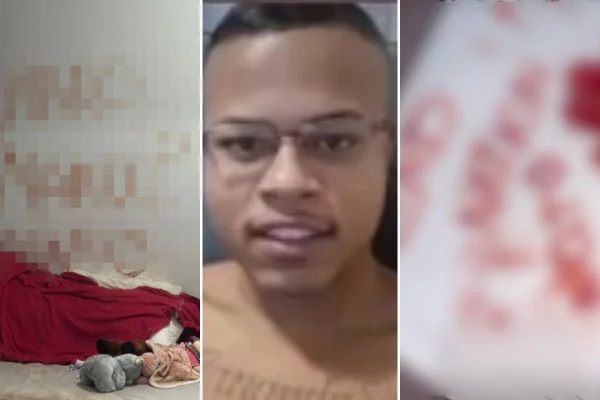 Montagem colorida de escritas à sangue feitas por vítimas de "Monstro da ZL", preso por suspeita de estuprar de adolescente de 16 anos, gravar e divulgar vídeos em grupos em redes sociais.