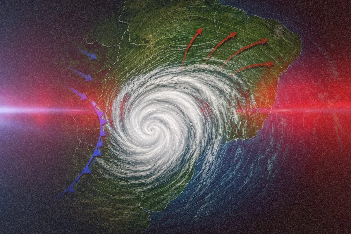 Ilustração colorida do mapa do Brasil, visto de cima onde se formam nuvens de chuca referente a ciclone. -Metrópoles.