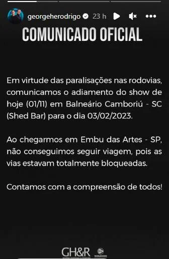 George Henrique e Rodrigo cancelam show por bloqueio em estradas George Henrique e Rodrigo cancelam show por bloqueio em estradas