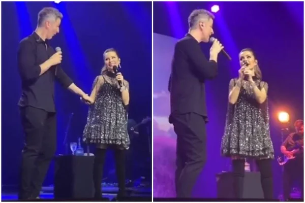 Montagem colorida com fotos de Sandy e Lucas Lima cantando juntos durante show - Metrópoles