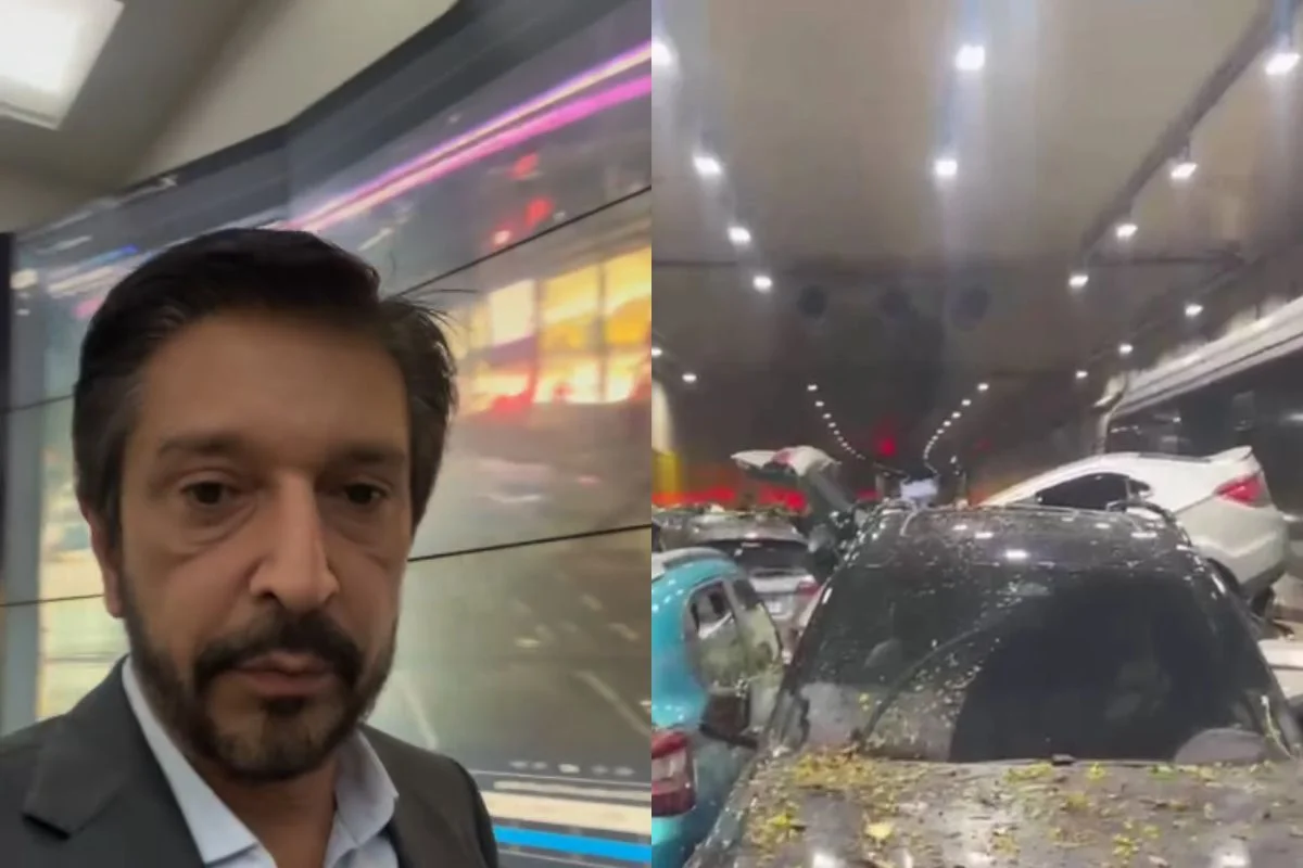 Imagens coloridas mostram montagem com o prefeito Ricardo Nunes (à esquerda) e carros amontoados após alagamento no Túnel do Anhangabaú (à direita)