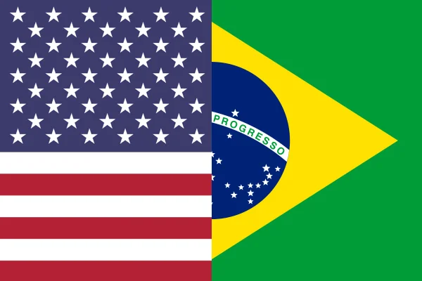 Montagem de bandeiras dos Estados Unidos (direita) e Brasil (esquerda) divididas ao meio - Metrópoles