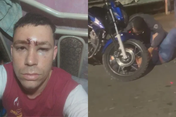 Imagem colorida de montagem com rosto de homem agredido por PM e ele sendo agredido por PMs. Metrópoles