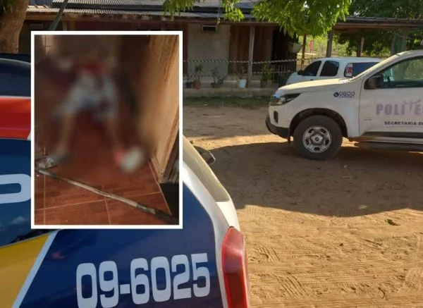 Montagem de fotografias coloridas de casa que foi invadida por homem com foice e do corpo do invasor