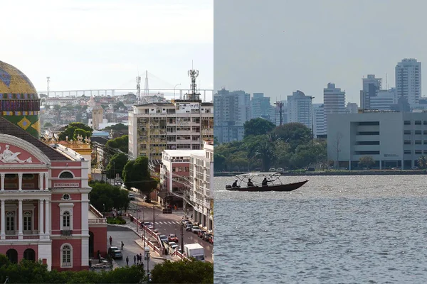 Imagens coloridas de Manaus, à esquerda; e do Rio Guamá com Belém do Pará ao fundo, na imagem à direita - Metrópoles