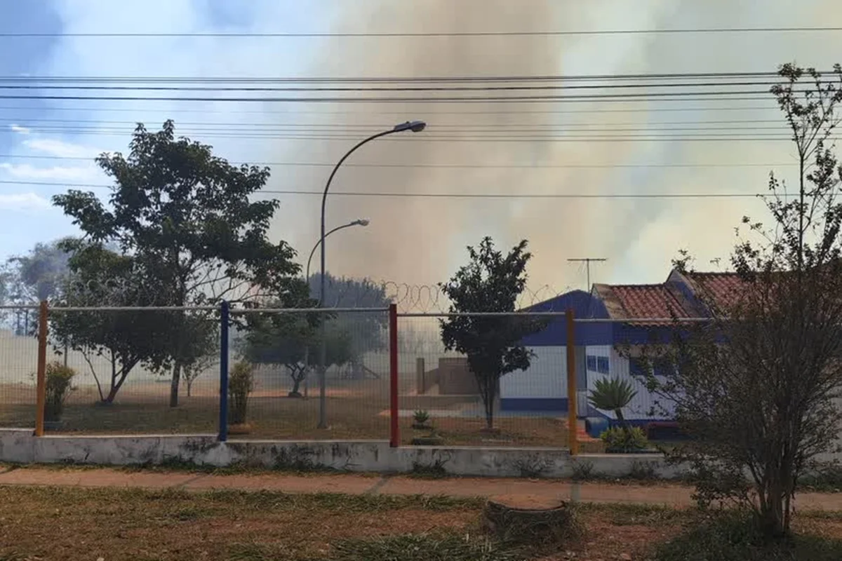 Crianças deixam creche no DF às pressas após incêndio em vegetação. Veja vídeo